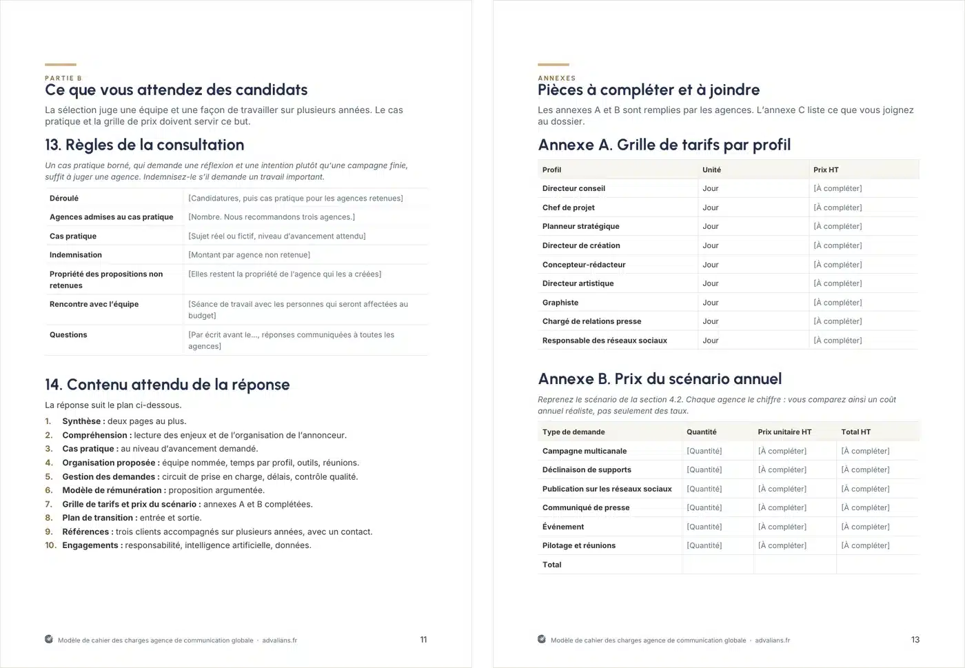 Deux pages du modèle : règles de la consultation et plan de réponse imposé, puis grille de tarifs par profil et prix du scénario annuel