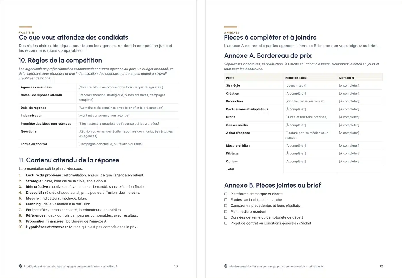 Deux pages du modèle : règles de la compétition et plan de réponse imposé, puis bordereau de prix et pièces jointes au brief