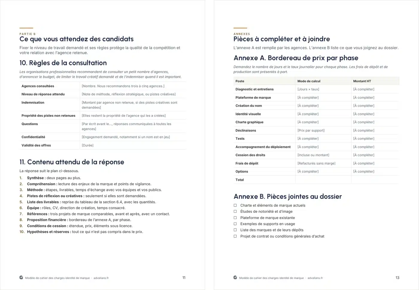 Deux pages du modèle : règles de la consultation et plan de réponse imposé, puis bordereau de prix par phase et pièces jointes