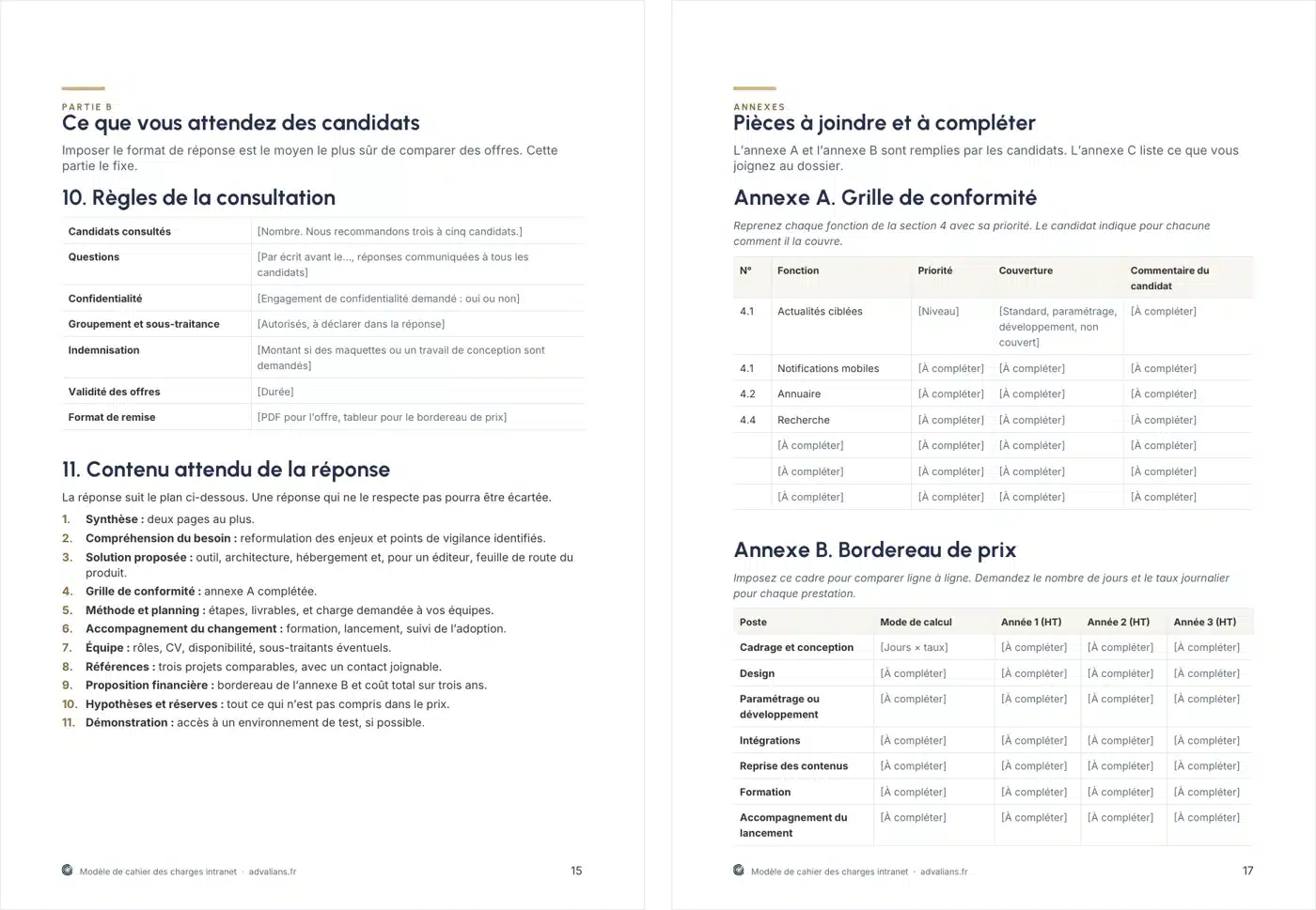Deux pages du modèle : règles de la consultation et plan de réponse imposé, puis grille de conformité et bordereau de prix sur trois ans