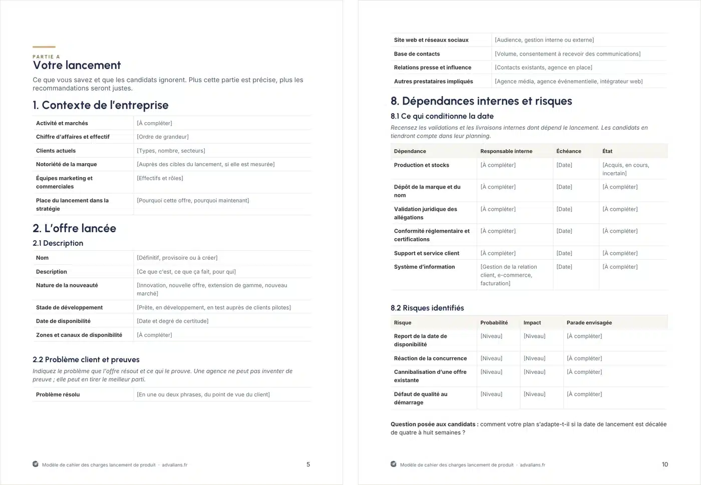 Deux pages du modèle : le contexte de l'entreprise et l'offre lancée, puis les dépendances internes et les risques identifiés