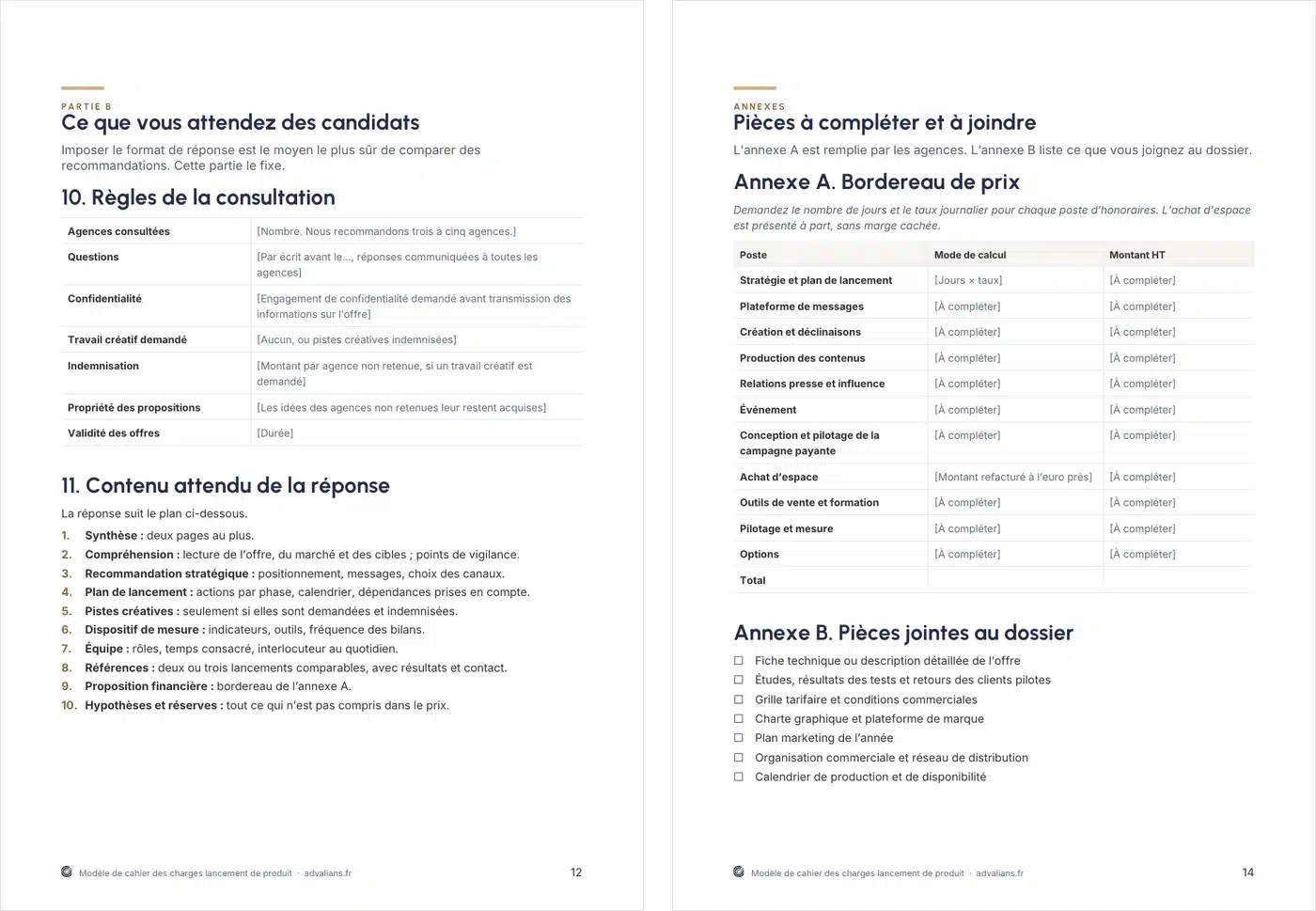 Deux pages du modèle : règles de la consultation et plan de réponse imposé, puis bordereau de prix et pièces jointes au dossier