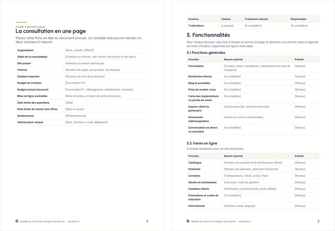 Deux pages du modèle : la fiche synthétique de la consultation et les fonctionnalités du site, classées par priorité