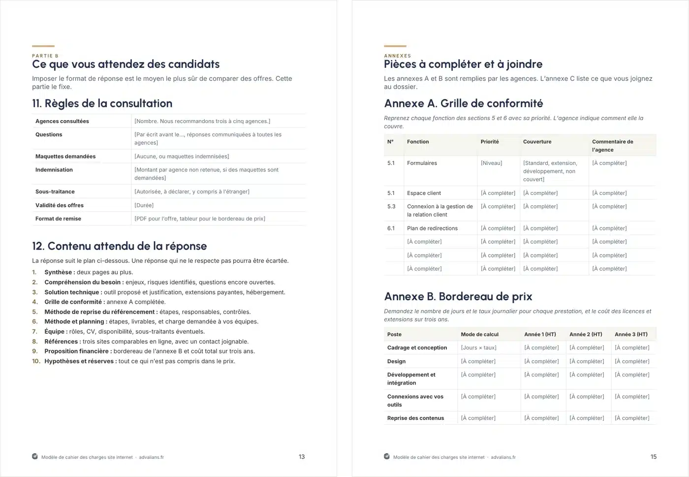 Deux pages du modèle : règles de la consultation et plan de réponse imposé, puis grille de conformité et bordereau de prix