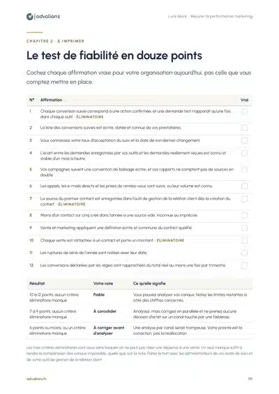 Page du test de fiabilité en douze points, avec cases à cocher et grille de lecture